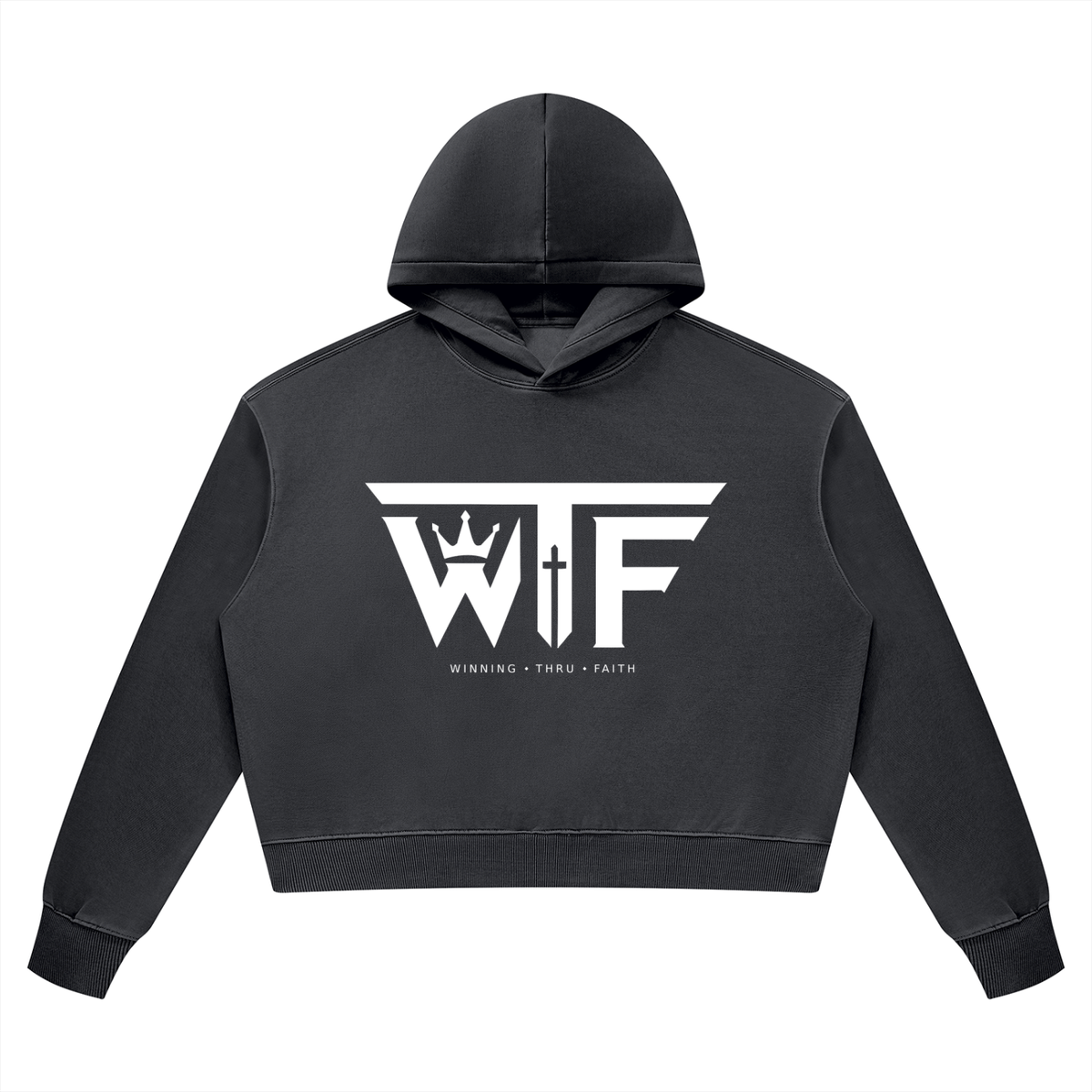 Winning Thru Faith Women’s Vintage Wash Heavyweight Hoodie White Logo, product view 5