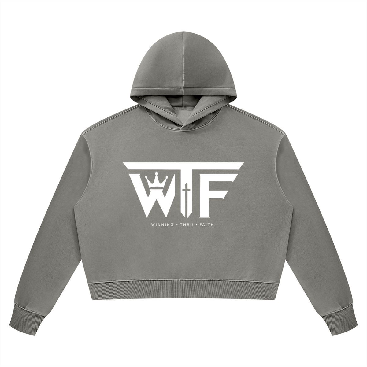 Winning Thru Faith Women’s Vintage Wash Heavyweight Hoodie White Logo, product view 3
