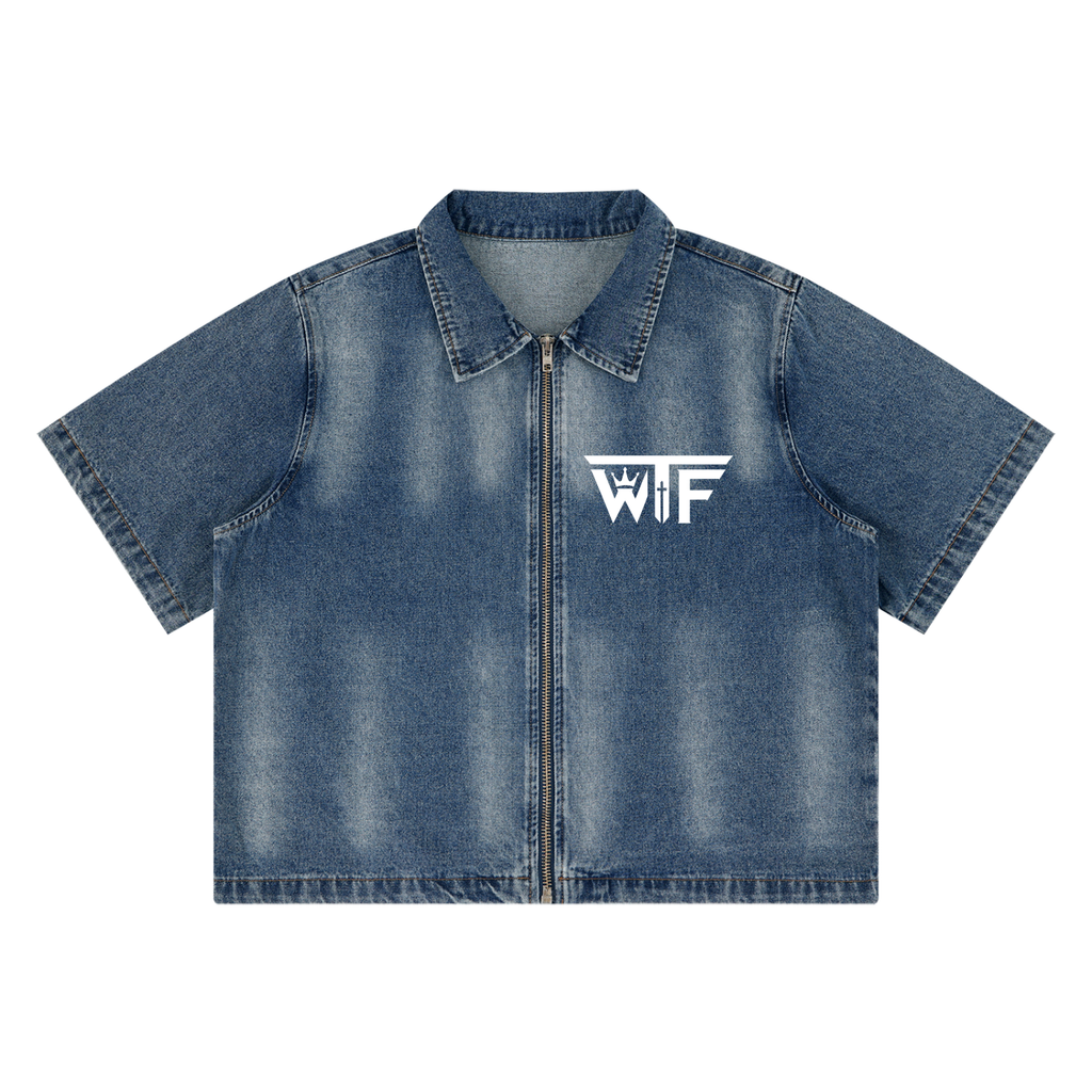 Winning Thru Faith Unisex Vintage-Washed Full-Zip Denim Shirt, product view 3