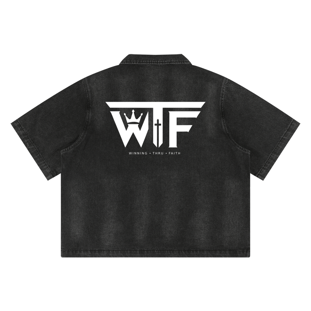 Winning Thru Faith Unisex Vintage-Washed Full-Zip Denim Shirt, product view 2