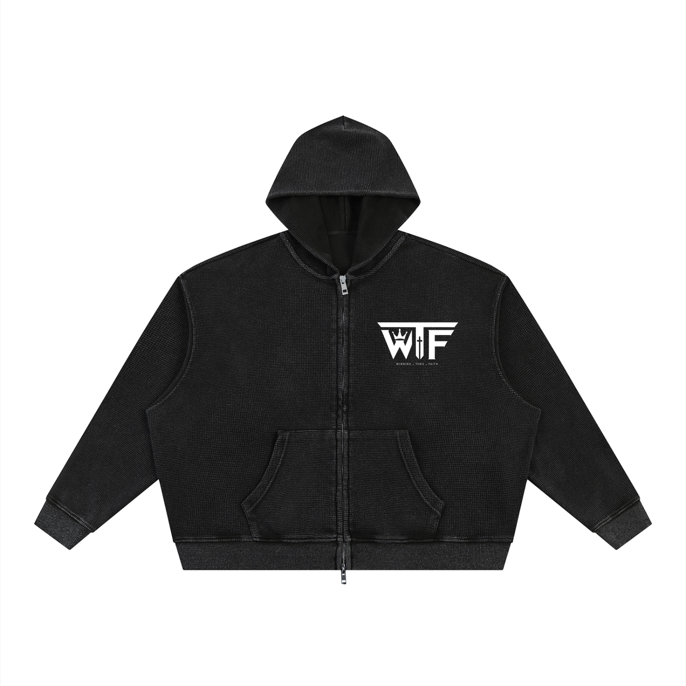 Winning Thru Faith Unisex Vintage Wash Boxy Waffle Full-Zip Hoodie