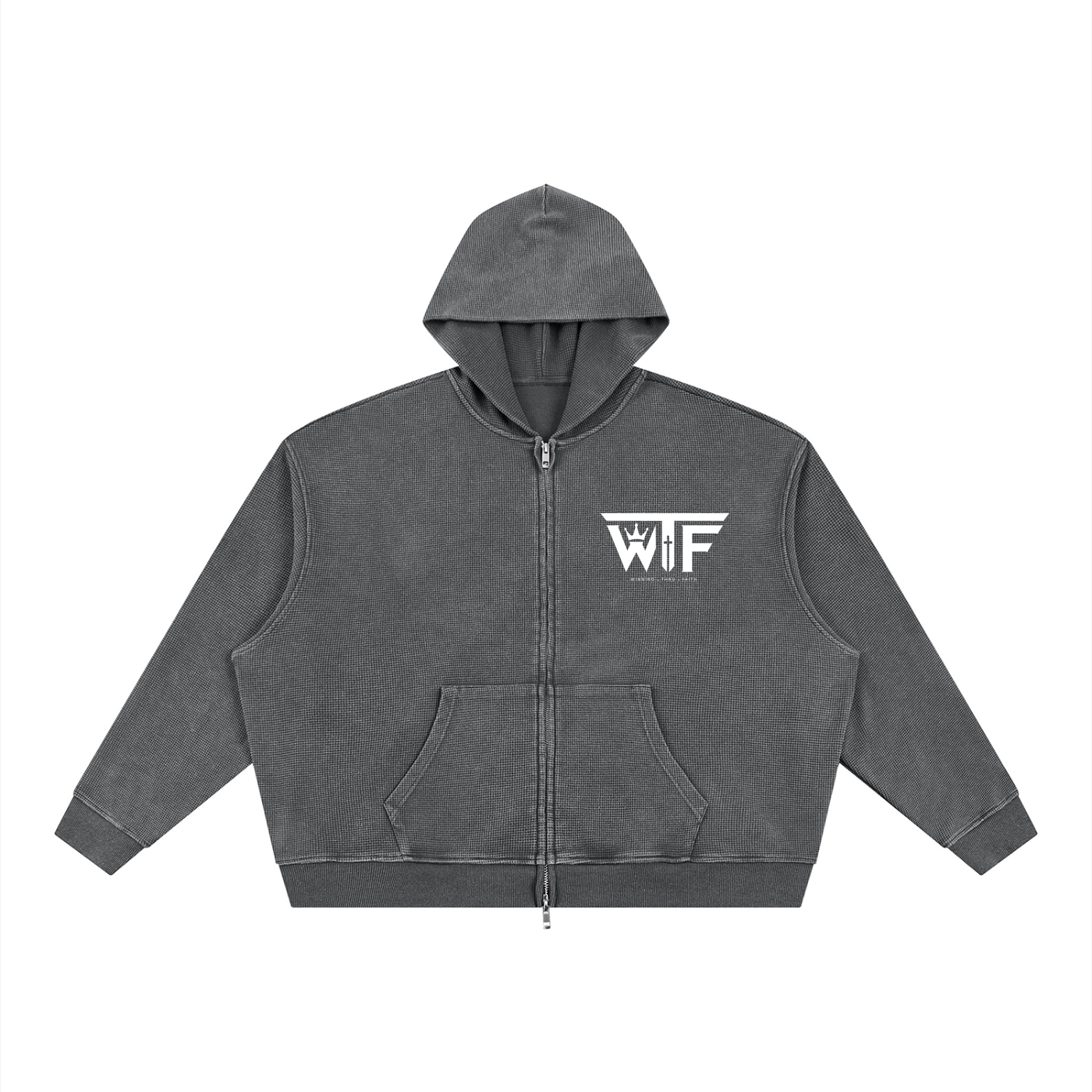 Winning Thru Faith Unisex Vintage Wash Boxy Waffle Full-Zip Hoodie