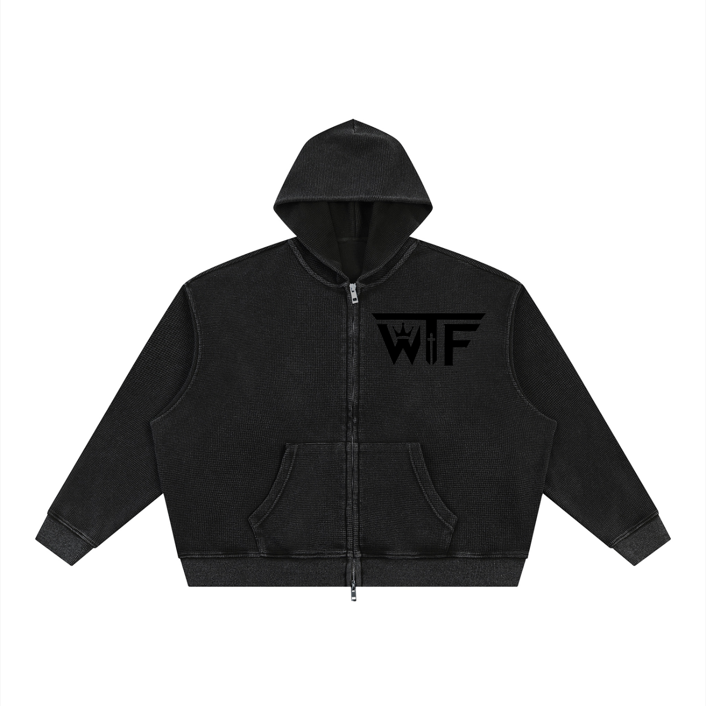 WTF Unisex Vintage Wash Boxy Waffle Full-Zip Hoodie