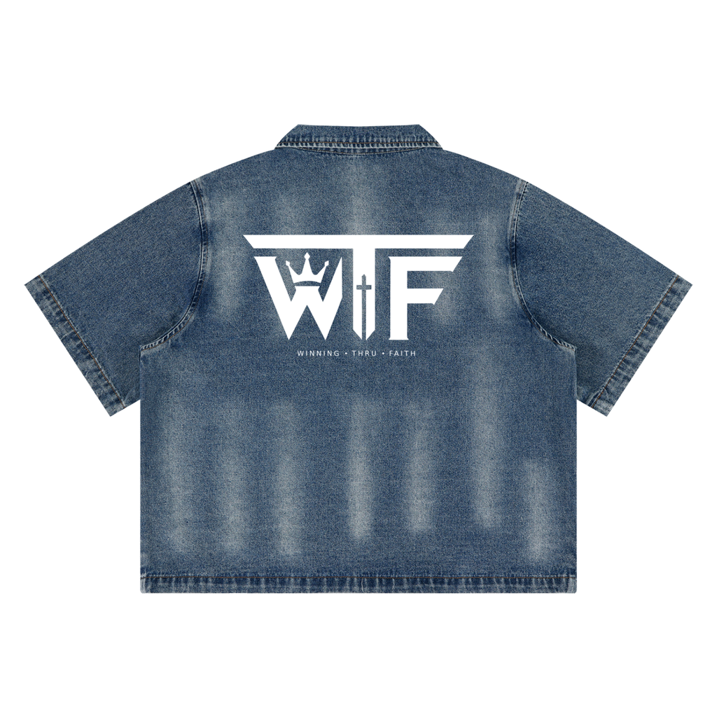 Winning Thru Faith Unisex Vintage-Washed Full-Zip Denim Shirt, product view 4